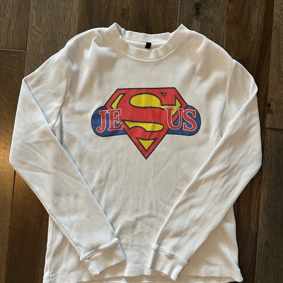 White Long Sleeve Thermal Shirt with Superman Jesus Logo - Picture 1 of 7